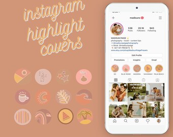 May include: A set of 16 Instagram highlight covers featuring various illustrations in a peach, pink, and yellow colour scheme. The illustrations include a sun, cactus, stars, vase, coffee cup, moon, leaf, waves, stripes, rainbow, watermelon, and palm trees.