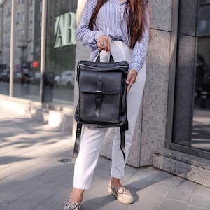 Laptop Bag Women Leather, Personalized Backpack, Black Leather Rucksack, Travel Leather Backpack Unisex