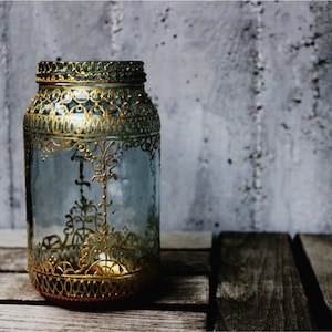 Hand painted candle holder - Metallic paint on mason jar - Tealight glass lantern