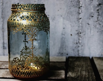 Hand painted candle holder - Metallic paint on mason jar - Tealight glass lantern