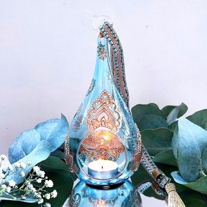 Drop hand blown glass - Hanging tealight lamp - Hand painted pendant light
