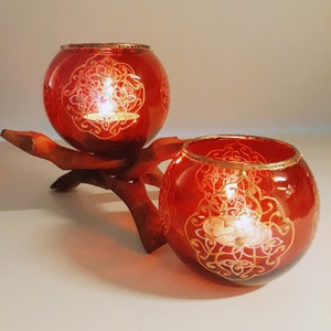 Red Hand painted glass candle holders - Round shaped tealight holders