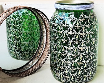 Rich Emerald Glass candle holder - Mason jar upcycled art vase - Recycled lantern