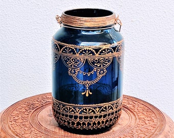 Blue Hanging Lantern with Henna Pattern - Bohemian Candle holder - Recycled Glass Artwork