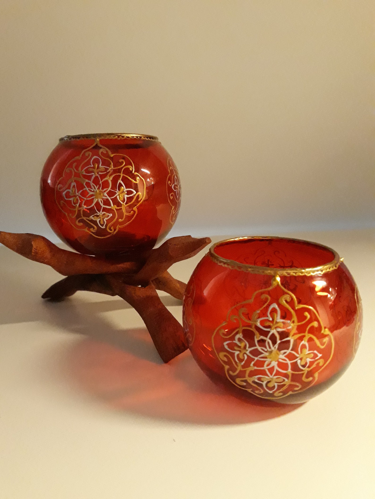 Red Hand Painted Glass Candle Holders Round Shaped Tealight Etsy