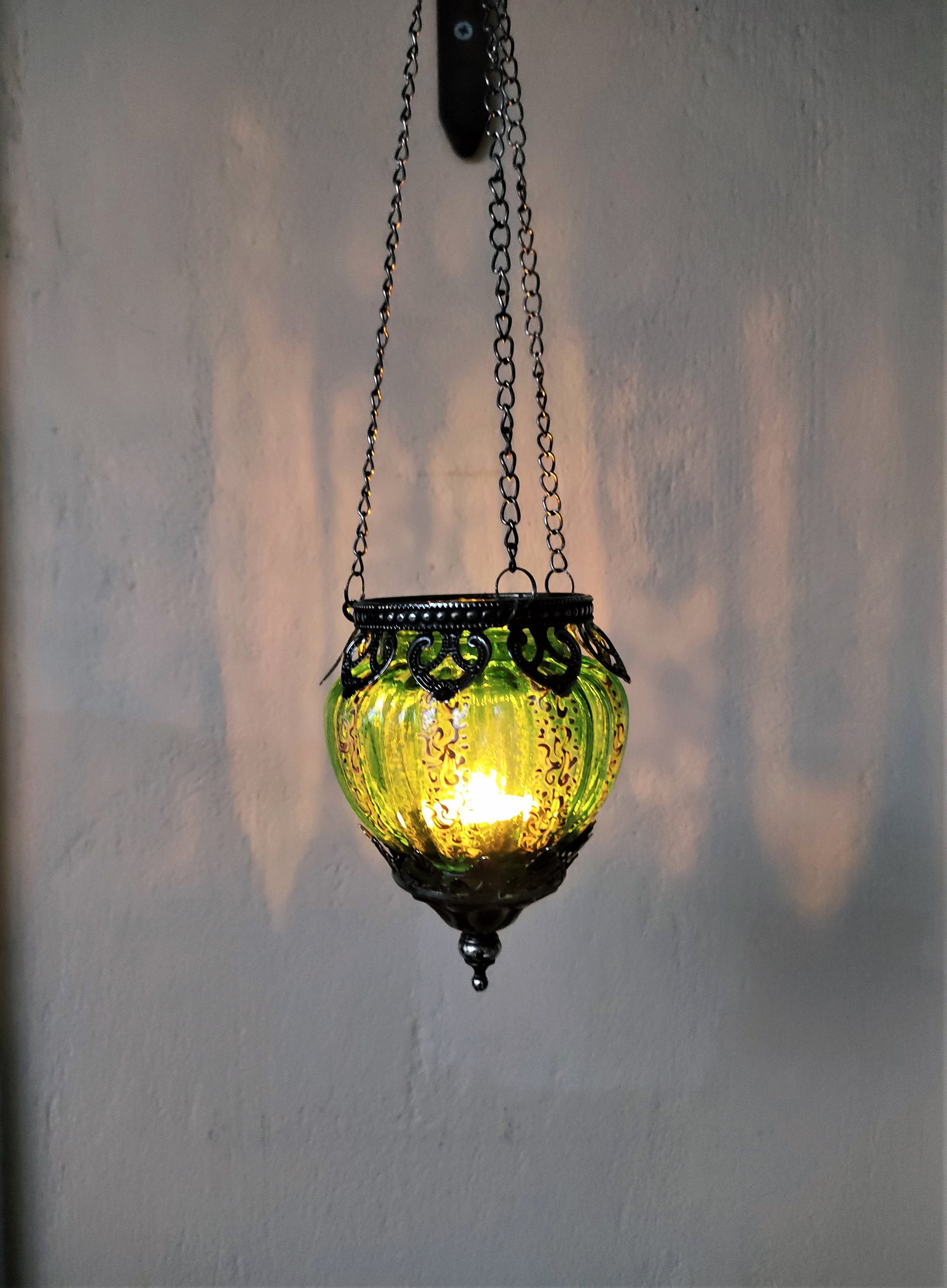 Light Green Glass Hanging Lantern With Pewter Decorative Etsy