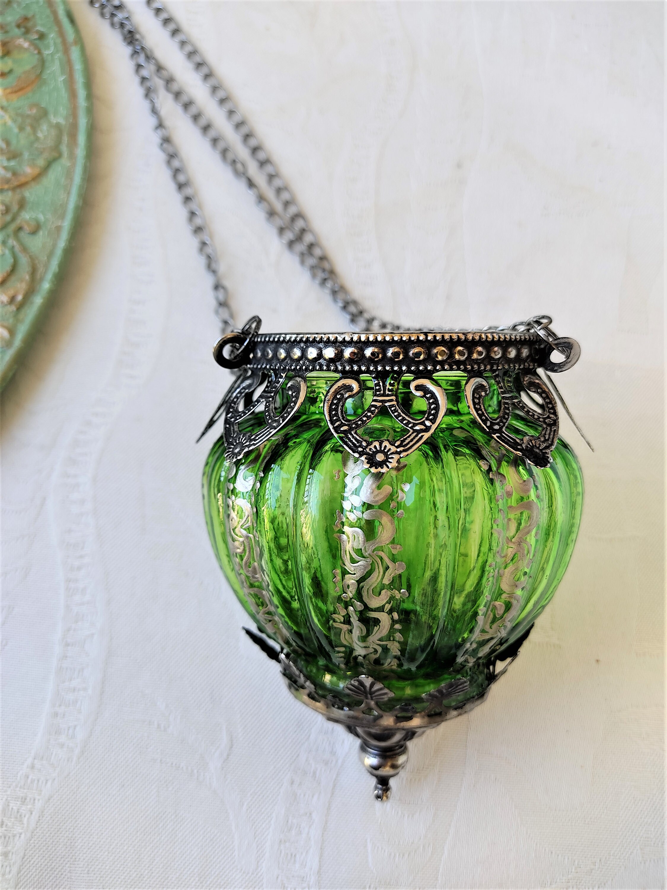 Light Green Glass Hanging Lantern With Pewter Decorative Etsy