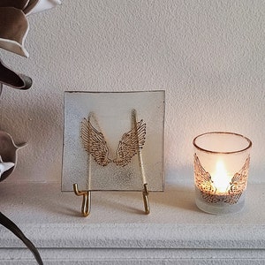 Set of tealight holder and decorative plate - Angel Wings theme - Hand painted Frosted glass