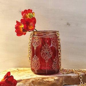 Burgundy red Glass Lantern - Hanging Tealight lamp with chain - Patio and outdoor decor