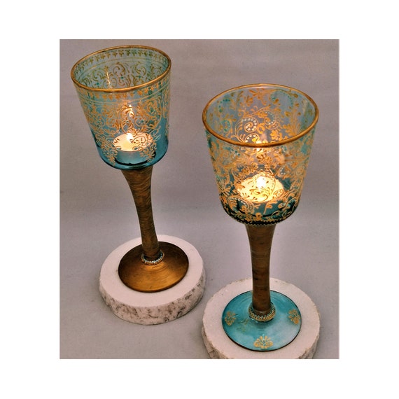 Long Stem Glass Candle Holder With Gilded Base Ciel & Gold Etsy