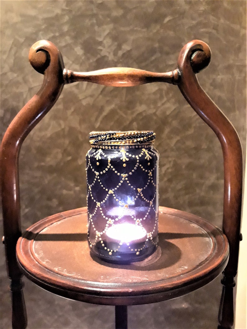 Navy Blue Hand painted Beaded Lid Lantern Bohemian Candle Etsy