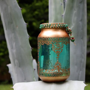 Emerald and Copper Moroccan style Lantern Boho-chic Candle holder Up-cycled Glass jar Artwork Beaded Rim