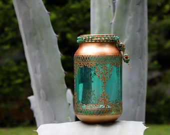 Emerald and Copper Moroccan style Lantern Boho-chic Candle holder Up-cycled Glass jar Artwork Beaded Rim