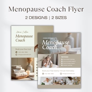 Può includere: Due modelli di volantini digitali per un coach della menopausa, con il testo Aimee Cullen Menopause Coach, dettagli di contatto ed elenchi di servizi. I design includono immagini di asciugamani bianchi impilati, una candela e una persona seduta.
