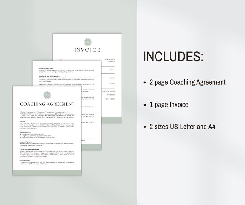 Coach Client Agreement & Invoice Template | Editable in Canva | Digital ...