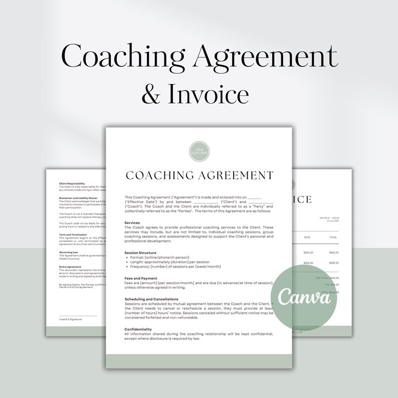 Coach Client Agreement & Invoice Template | Editable in Canva | Digital ...