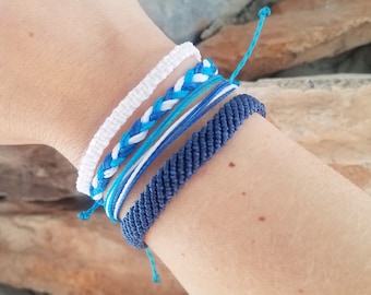 Macrame Friendship Bracelet Stack Adjustable - White - Blue