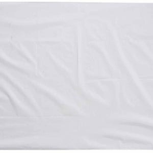 May include: A plain white flag with a light blue reinforced edge and grommets. The flag is rectangular and made of a slightly wrinkled fabric. The flag is suitable for various uses.