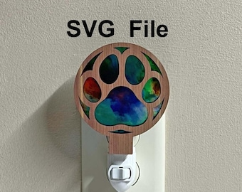 Luz de noche con huella de pata SVG, archivo de corte por capas, luz de noche para mascotas cortada con láser (descarga digital)