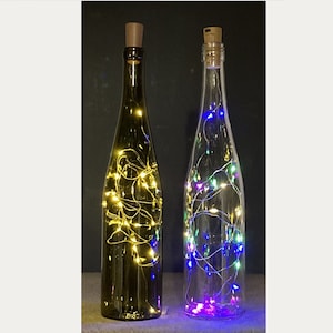 Wine Bottle Decor, Lighted Wine Bottle, Bottle Lights, Assorted shapes & sizes with fairy lights. Great for ambiance lighting!
