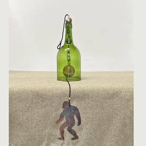 Big Foot Wind Chime, Pixie Moon charm, Sasquatch lover gift, Large Green Wine Bottle