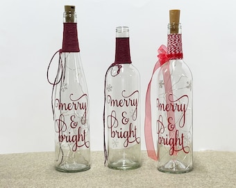 Christmas Lighted Wine Bottle Decor, Upcycled Bottles, Fairy Lights Inside, Ambiance Lighting, Assorted Colors
