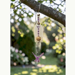 Hummingbird Wind Chime, Clear Bottle, Dragonfly charm dangle, Purple Beaded Outdoor Garden Decor