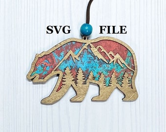 Adorno de oso SVG: Archivo de corte láser de escena de montaña (descarga digital)