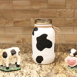 Mason Jar Decor, Cow Print Mason Jars, Chalk Painted mason jar lidded with cow spots, Centerpieces for party, Unique gift, Birthday Gifts.