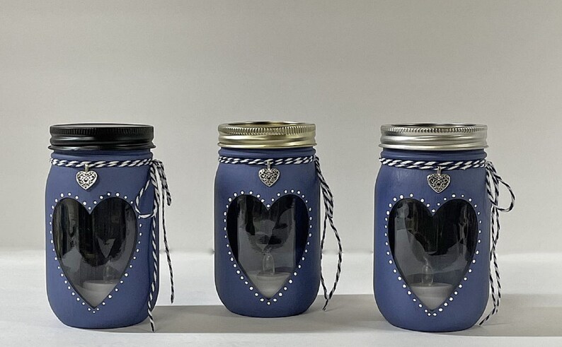 Blue Heart Jars with assorted lids.