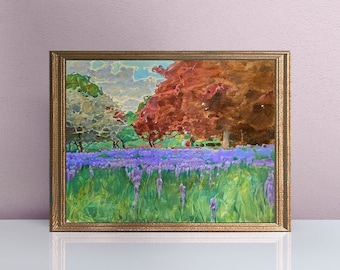 May include: A framed painting depicting a landscape with a field of purple flowers in the foreground, a few trees in the middle ground, and a cloudy sky in the background.