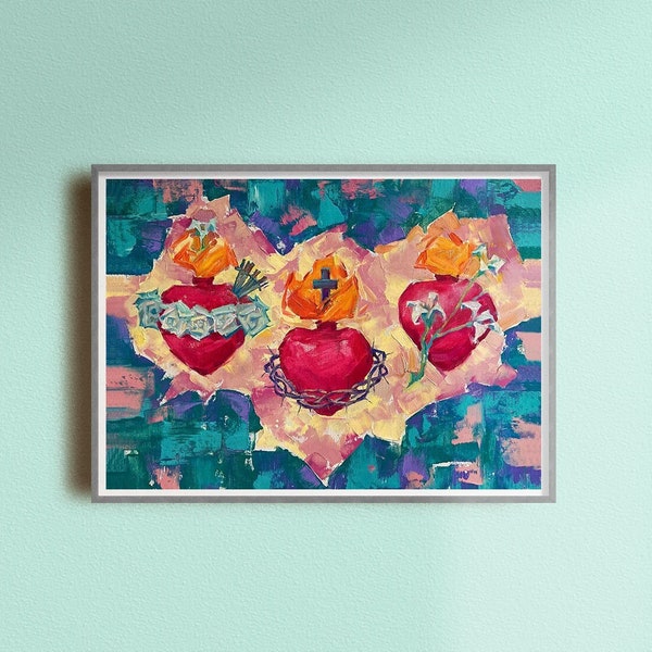 Hearts of the Holy Family, Sacred Heart of Jesus, Immaculate Heart of Mary, Most Chaste Heart of St. Joseph, Religious gifts, Poster Oil Art