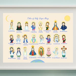 Titels van de Maagd Maria, afbeelding van Onze-Lieve-Vrouw. Christelijke illustratiekaart voor kinderen. Tekening Moeder Maria: katholiek kindercadeau, titels Our Lady Queen