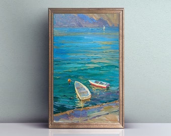 Barcos en el agua Obra de arte original, Cerca de la costa Pintura al óleo de bellas artes, Obra de arte en lienzo Paisaje marino, Arte de paisaje sobre lienzo, Obra de arte del mar azul