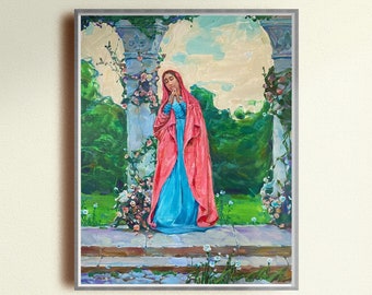 Our Lady of Grace Art, Blessed Mother Art, Modern Catholic Art, Oil Painting Digital Print, Christian art decor, Wall hanging