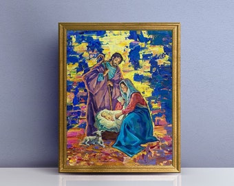 Geboorte van Christus, origineel christelijk olieverfschilderij, katholieke originele kunstwerken Heilige Familie, kerstkunstschildering, schilderij Jezus Maria en Sint-Jozef