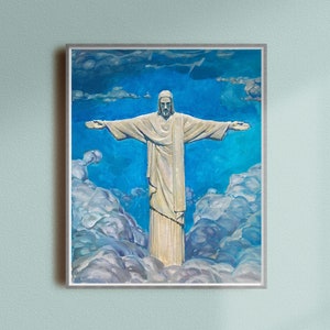 Statue de l'Сhrist le Rédempteur Rio, peinture à l'huile de Jésus, mur d'art catholique, art de Jésus moderne, art moderne chrétien, beaux-arts catholiques, ciel de Jésus