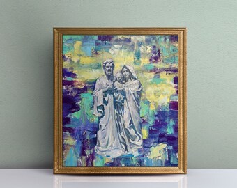 Origineel olieverfschilderij van de Heilige familie, christelijk canvasschilderij, katholieke kunst, beeldende kunst van Jezus Maria en St. Joseph, katholieke religieuze kunst aan de muur.