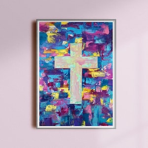 The Cross colorful artwork, Christian Cross Illustration, Cross wall decor painting, Catholic housewarming gift, Christian Cross modern art
