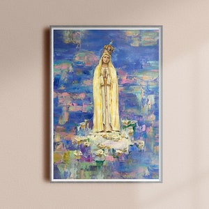 Katholieke kunst - Onze Lieve Vrouw van Fatima, Christelijke home decor moderne kunst aan de muur, Onze Lieve Vrouw van de Rozenkrans, Maagd Maria beeldende kunst, afdrukbare poster