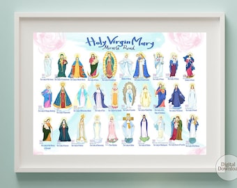 Virgin Mary Miracle Appearances, Digital Catholic Poster Wall Art, Our Lady of the Rosary, Christian gift,Fatima,  Lourdes, Miraculous Medal