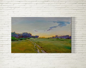Obra de arte moderna de puesta de sol de verano, pintura al óleo original, arte impresionista, arte de pared en lienzo de día soleado, bellas artes de paisajes, decoración de pared de granja