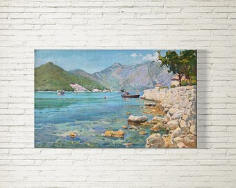 Lienzo de pintura al óleo de paisaje original, obra de arte de la bahía del mar, decoración de pared de bellas artes de la costa de Montenegro, pintura de paisaje marino de montañas, pintura de atardecer