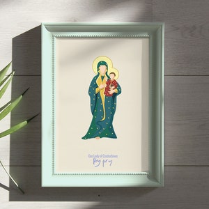 Nostra Signora di Czestochowa prega per noi. Carta illustrativa stampabile di arte cristiana. Beata Vergine Maria, Madonna Nera