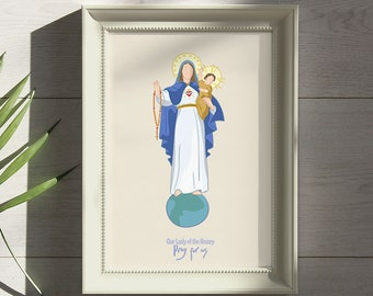 May include: A framed illustration of Our Lady of the Rosary, a religious figure depicted in a blue and white robe, holding a baby Jesus. The text below reads "Our Lady of the Rosary Pray for us".