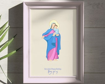 May include: A framed illustration of the Virgin Mary holding baby Jesus, rendered in blue, pink, and yellow. The artwork is set against a cream background, with text at the bottom. A green leaf lies to the left.