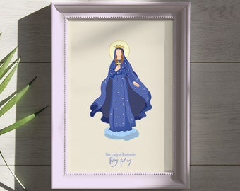 Our Lady of Pontmain pray for us. Christian digital illustration card. Our Lady of Hope, Holy Mary Apparition, Our Lady of the star,