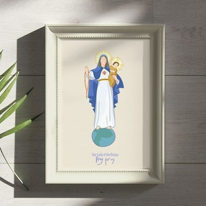 Onze Lieve Vrouw van de Rozenkrans bid voor ons. Afdrukbare christelijke illustratie. Koningin van de Allerheiligste Rozenkrans, Moeder van de Rozenkrans