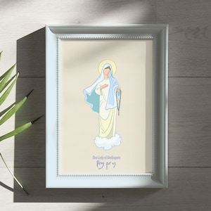 Onze Lieve Vrouw van Medjugorie bid voor ons. Katholieke digitale kunstkaart, onze koningin van de vrede, moeder van de kerk
