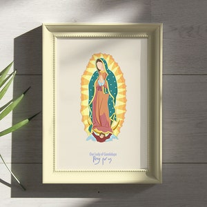Onze Lieve Vrouw van Guadalupe bid voor ons. Christelijke illustratiekaart. Onze Lieve Vrouw van Mexico, Maria Moeder van Jezus